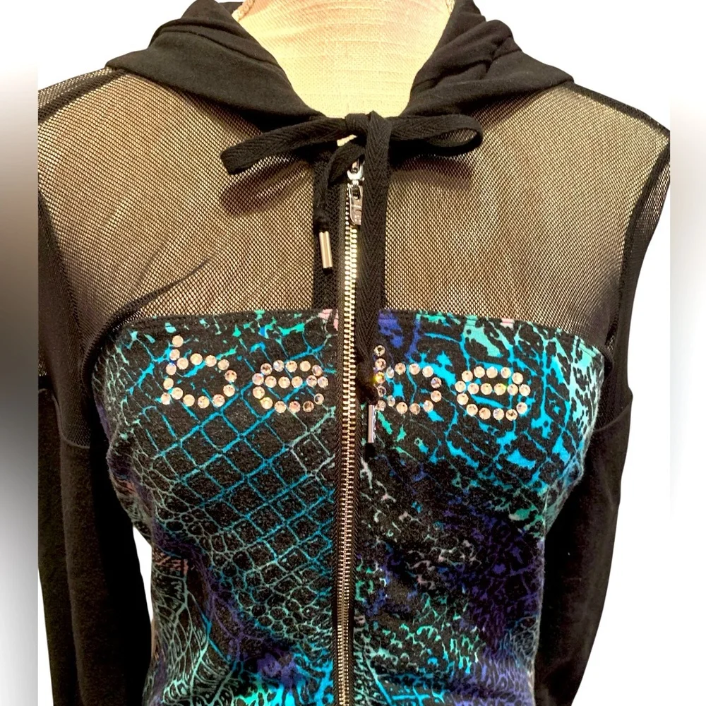 💚BEBE RHINESTONE EMBELLISHED MESH ZIP-UP HOODIE💚 - Picture 1 of 9